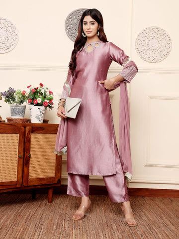 Varanga Women Lavender Zari Embroidered Kurta Set With Tonal Bottom And Dupatta
